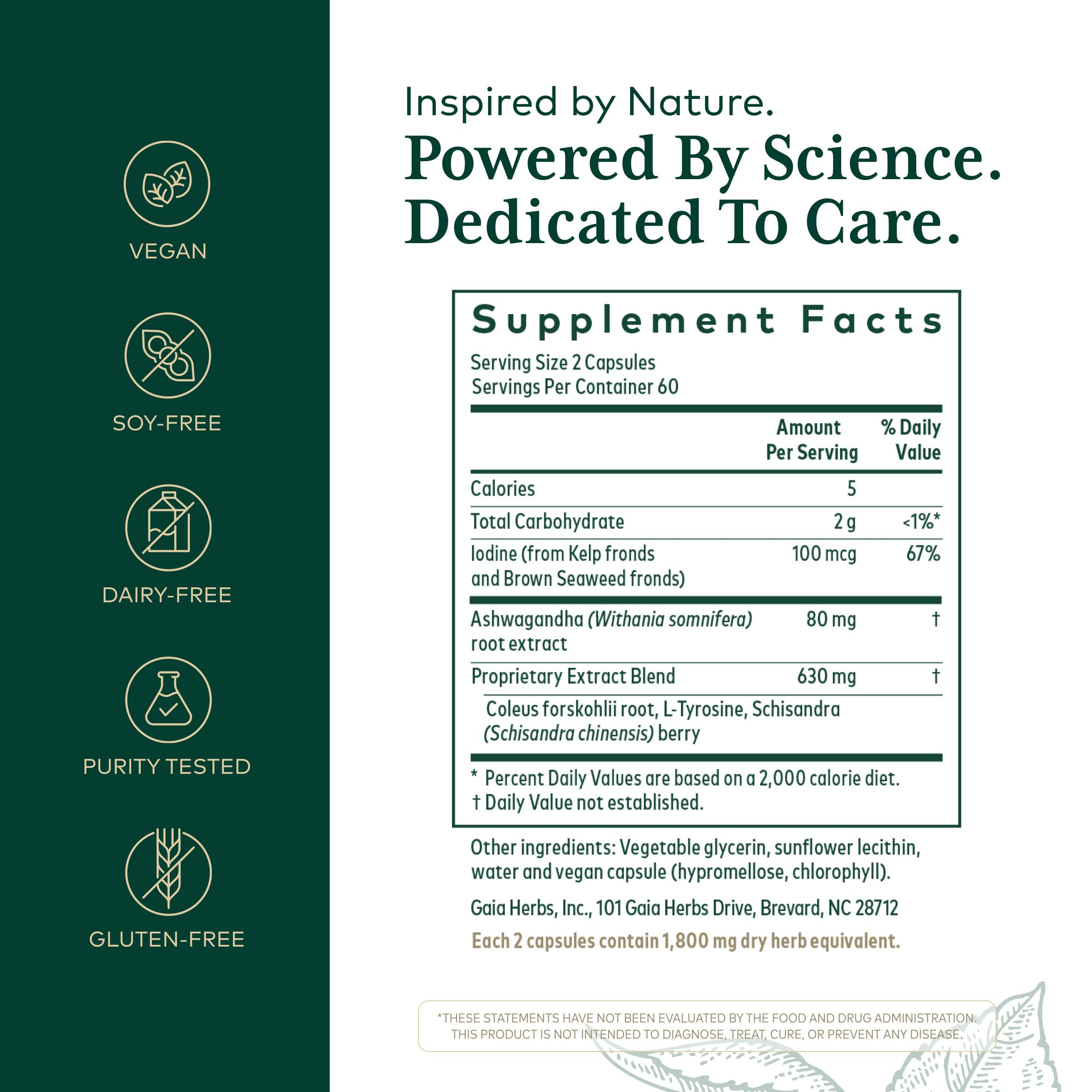 Gaia Herbs PRO Thyroid Formula bottle-back lists dosage and ingredients