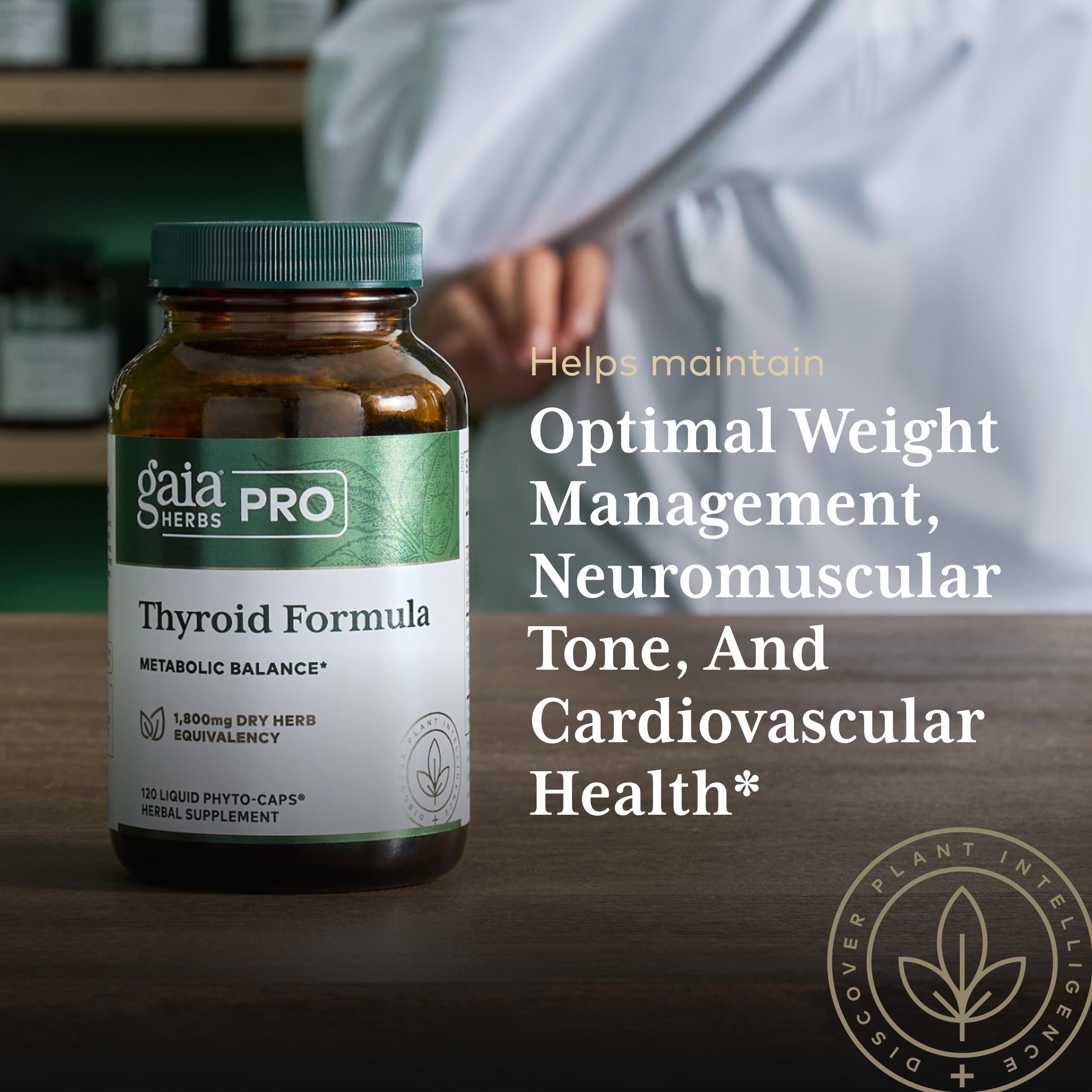 Gaia Herbs PRO Thyroid Formula kelp and brown seaweed image emphasizing mineral-rich greens