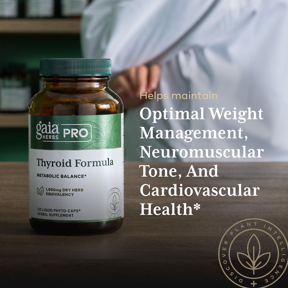 Gaia Herbs PRO Thyroid Formula kelp and brown seaweed image emphasizing mineral-rich greens