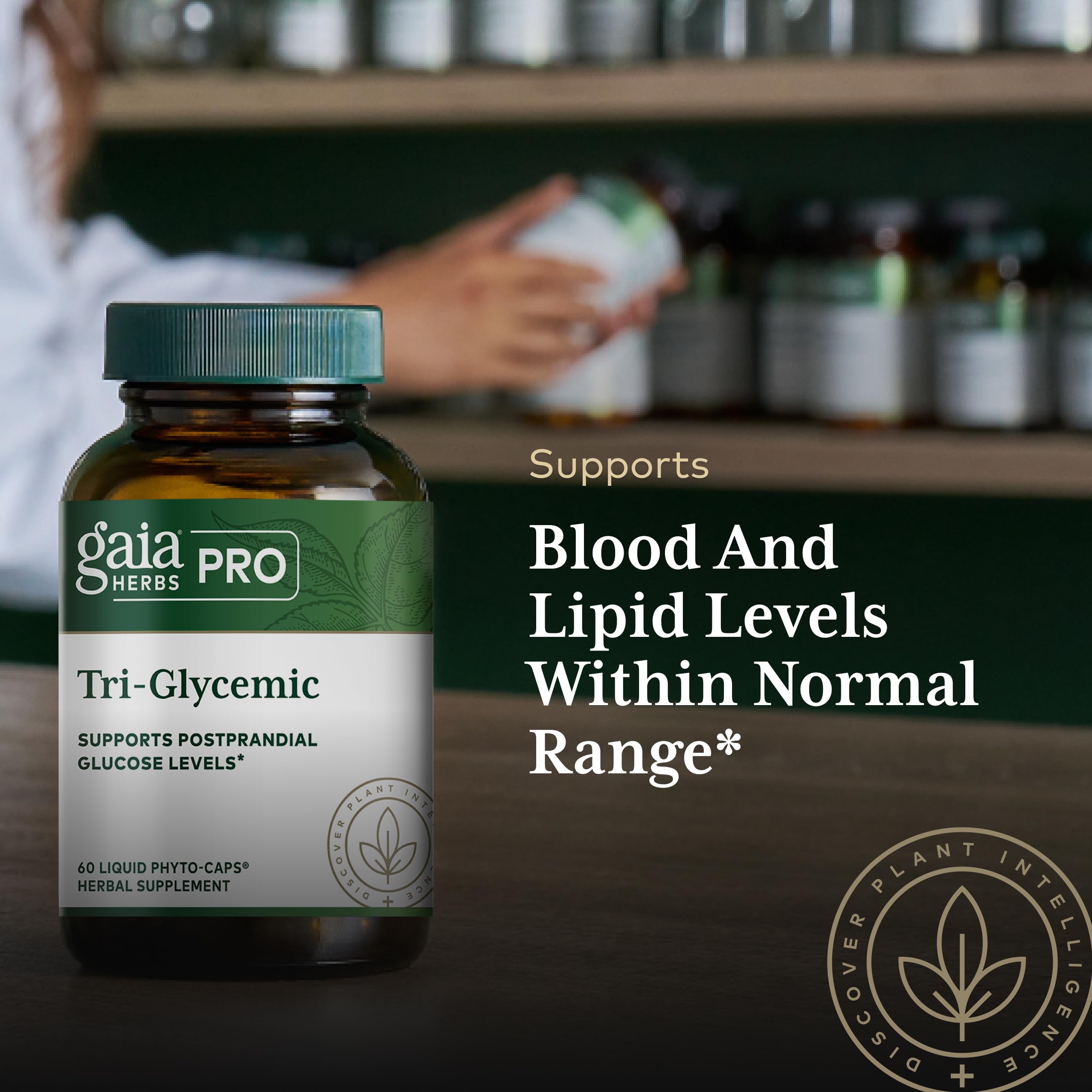 GAIA Herbs PRO Tri-Glycemic packaging box emphasizing premium quality and care.