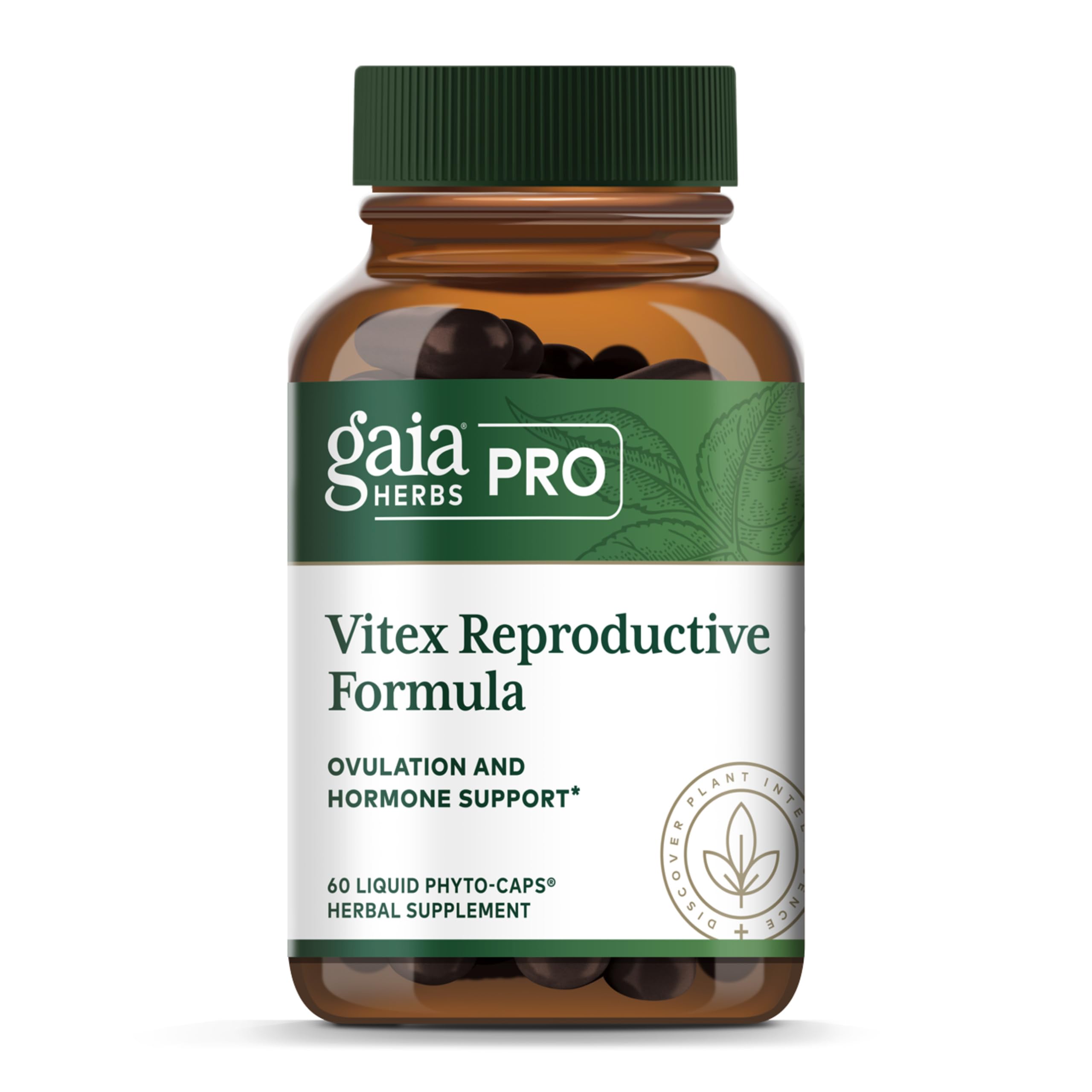 Gaia Herbs PRO Vitex bottle shows label, supporting healthy cycles and reproductive function.