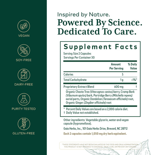 Closeup of Gaia Herbs PRO Vitex capsules highlighting premium herbal blend for women.