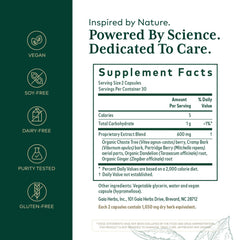 Closeup of Gaia Herbs PRO Vitex capsules highlighting premium herbal blend for women.