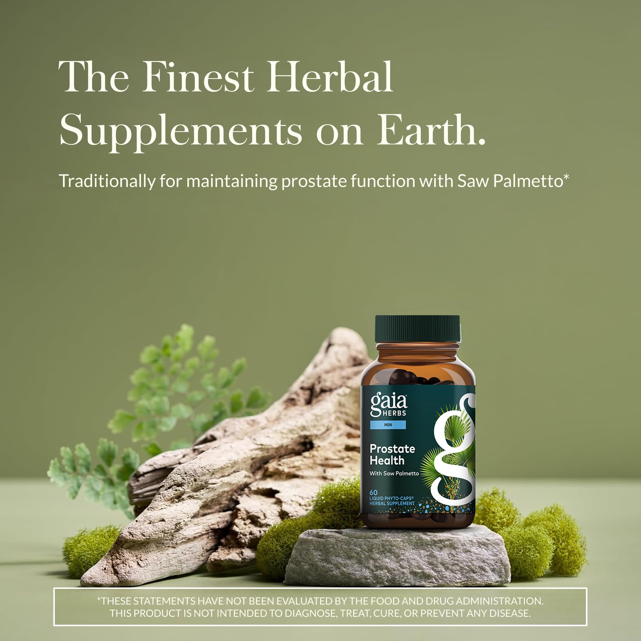 Gaia Herbs Prostate Health capsules closeup, vegan liquid phyto-caps for daily use.