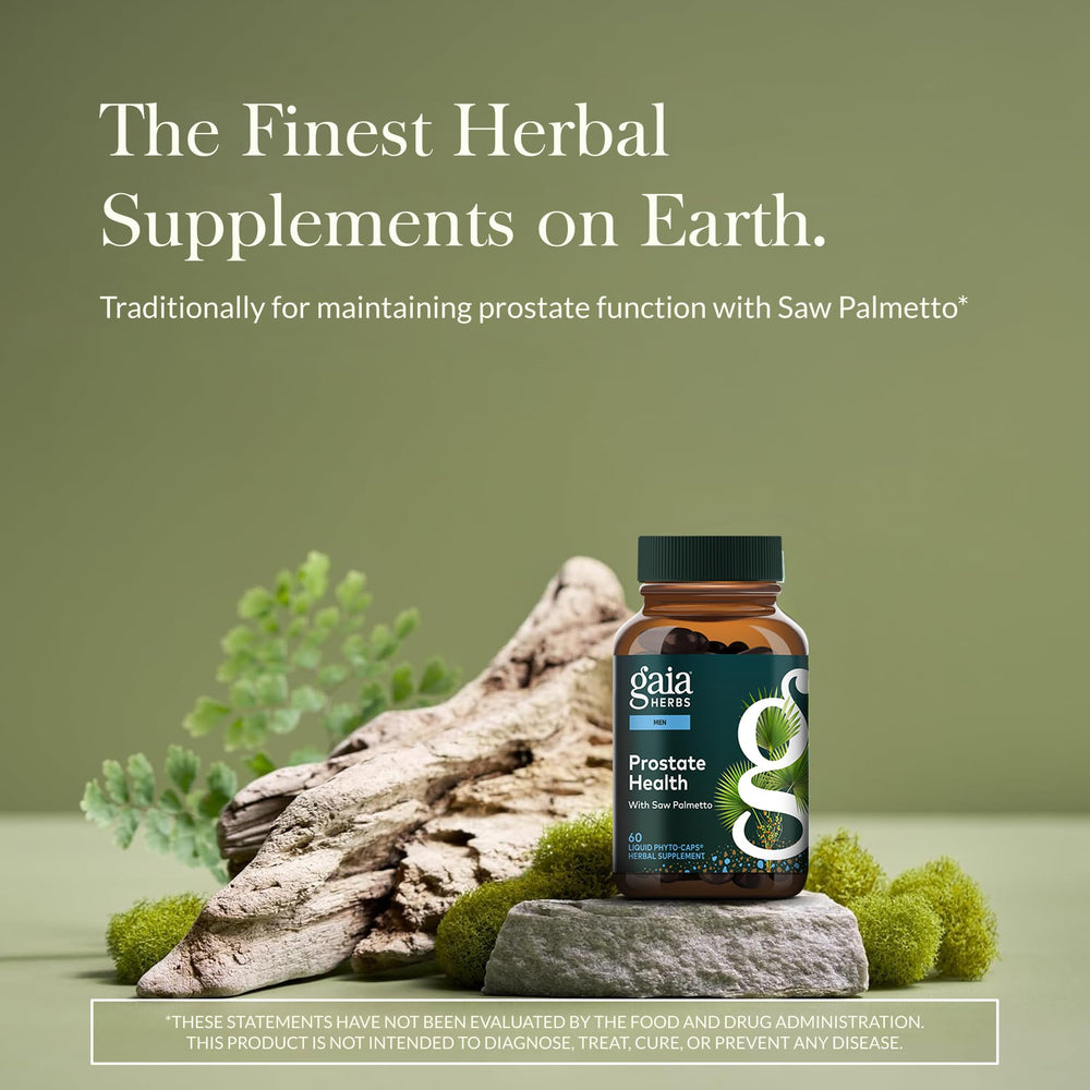 Gaia Herbs Prostate Health capsules closeup, vegan liquid phyto-caps for daily use.