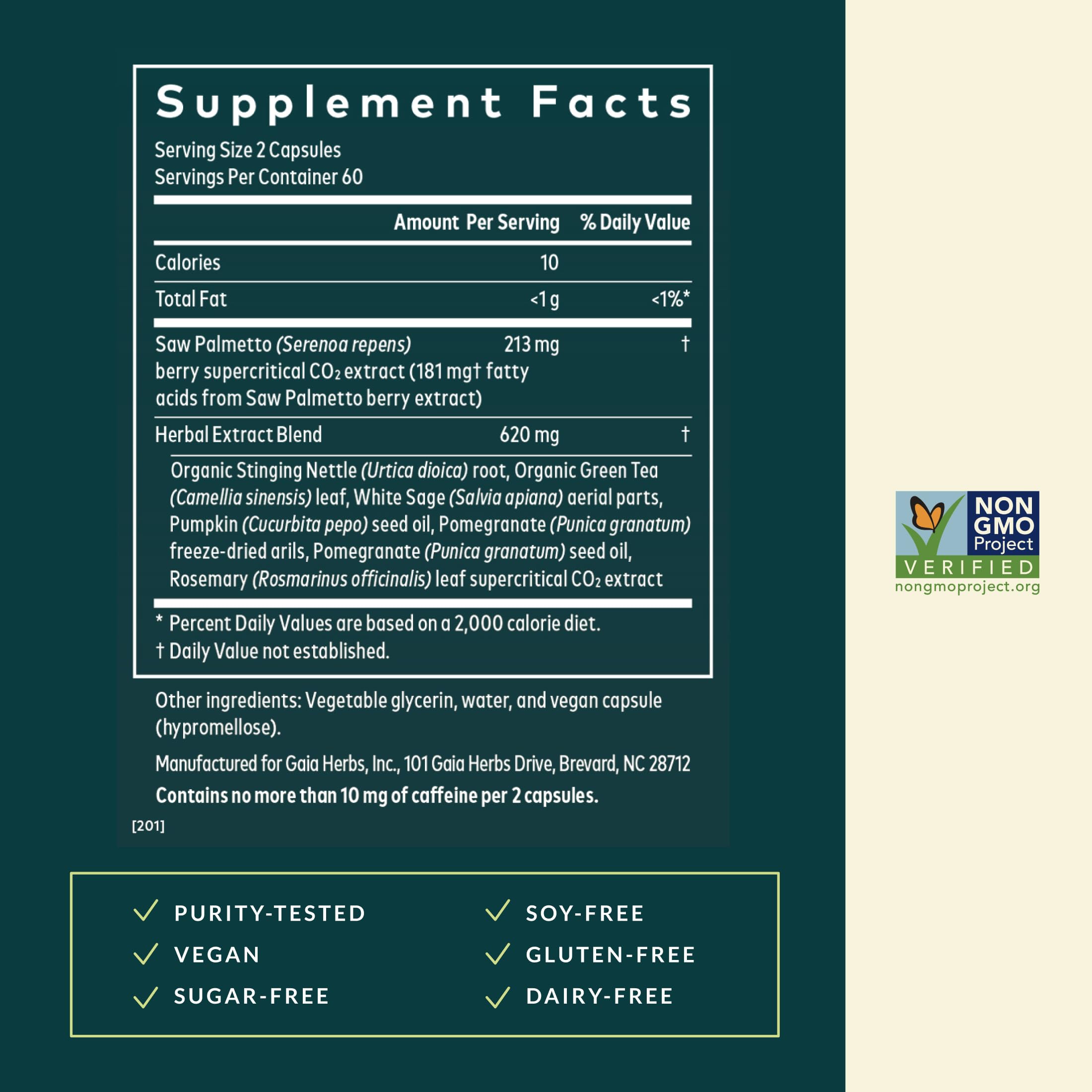 Gaia Herbs Prostate Health capsules close-up highlighting plant-based ingredients.