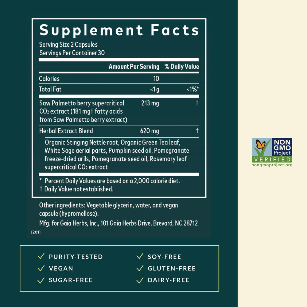 Gaia Herbs Prostate Health with saw palmetto ingredients for prostate support.