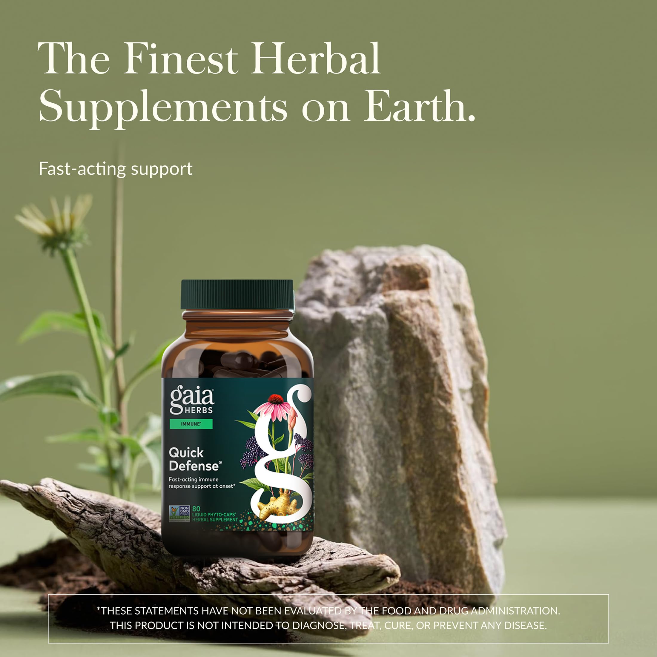 Gaia Herbs Quick Defense bottle pour showing convenient daily dosing.