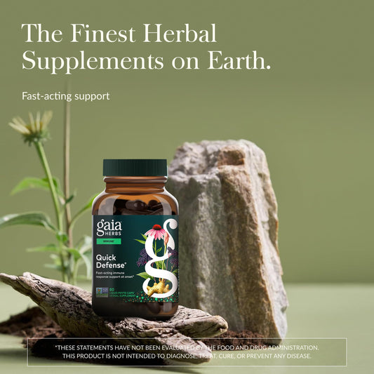 Gaia Herbs Quick Defense bottle pour showing convenient daily dosing.