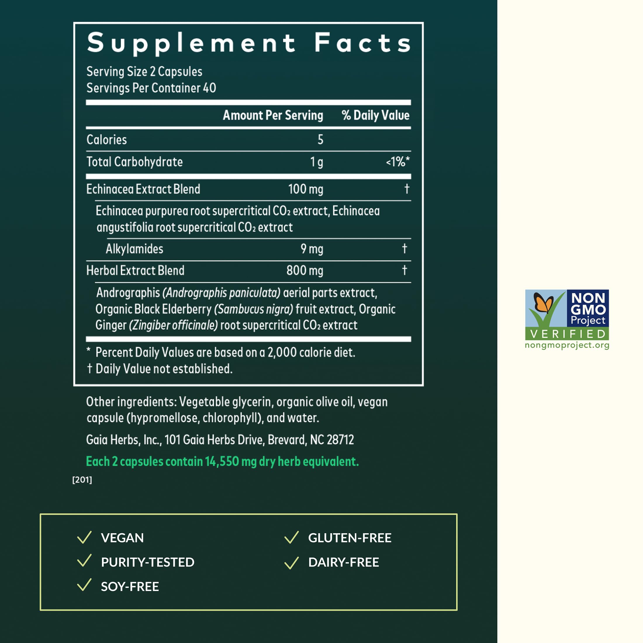 Gaia Herbs Quick Defense capsules closeup highlights vegan, plant-based immune support.