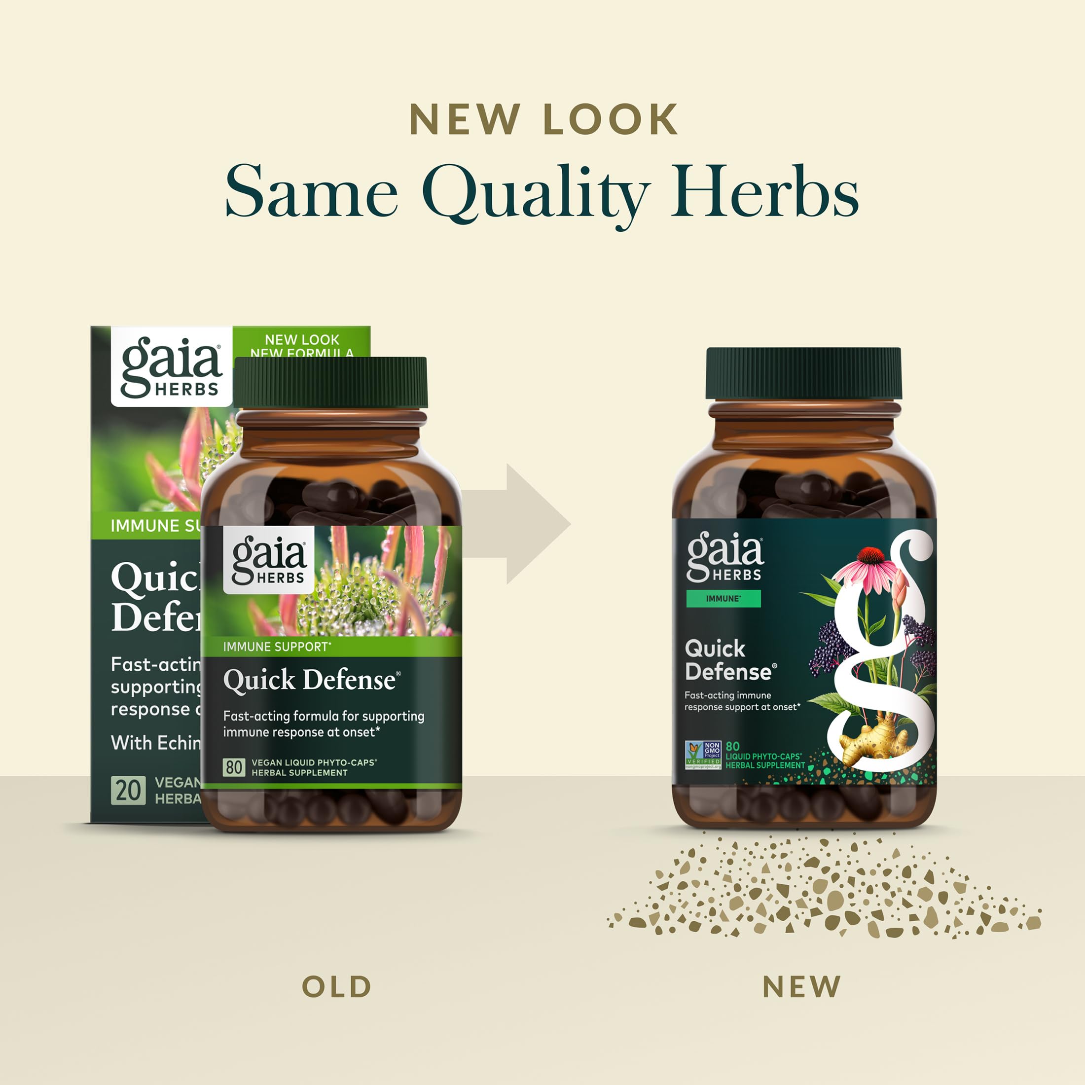 Gaia Herbs Quick Defense ingredients panel features echinacea, elderberry, ginger, andrographis.