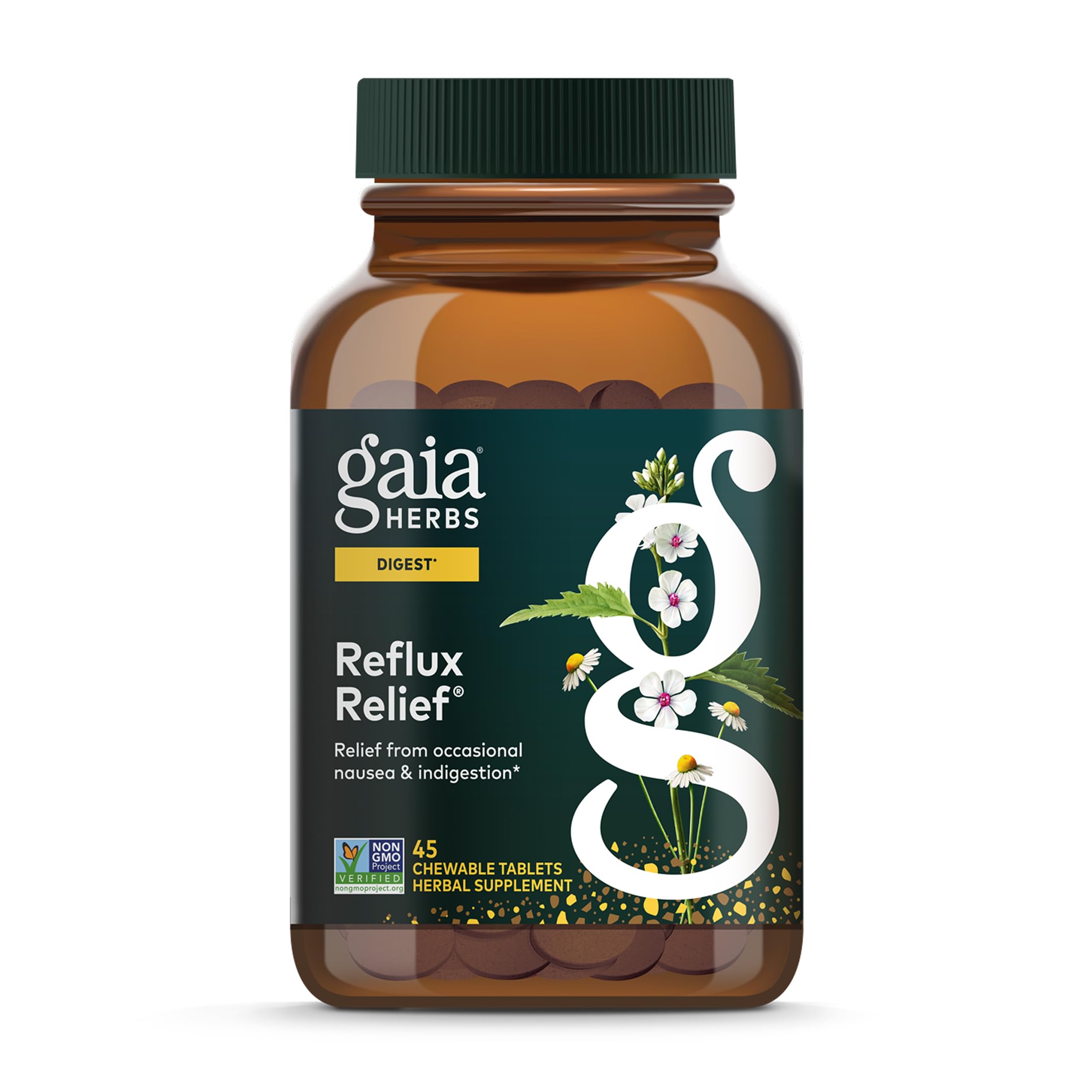 Gaia Herbs Reflux Relief bottle shows convenient chewables for occasional heartburn support.