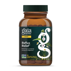 Gaia Herbs Reflux Relief bottle shows convenient chewables for occasional heartburn support.