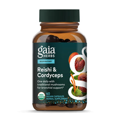 Gaia Herbs Respiratory Mushroom Blend bottle on a clean surface, emphasizing vegan capsules for immune support.