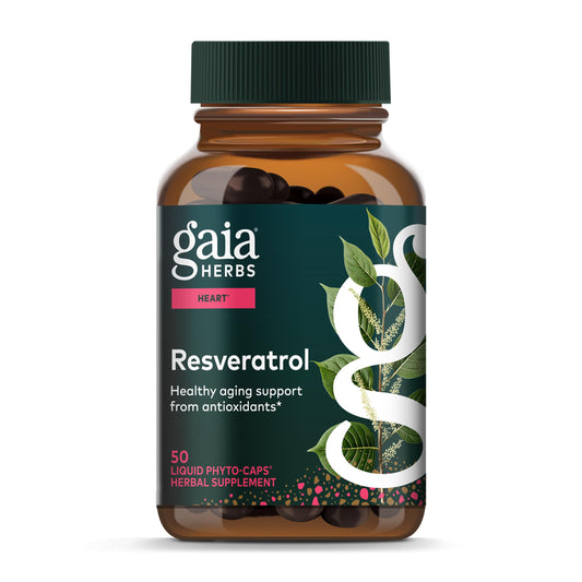 Gaia Herbs Resveratrol bottle front showing label for antioxidant support.