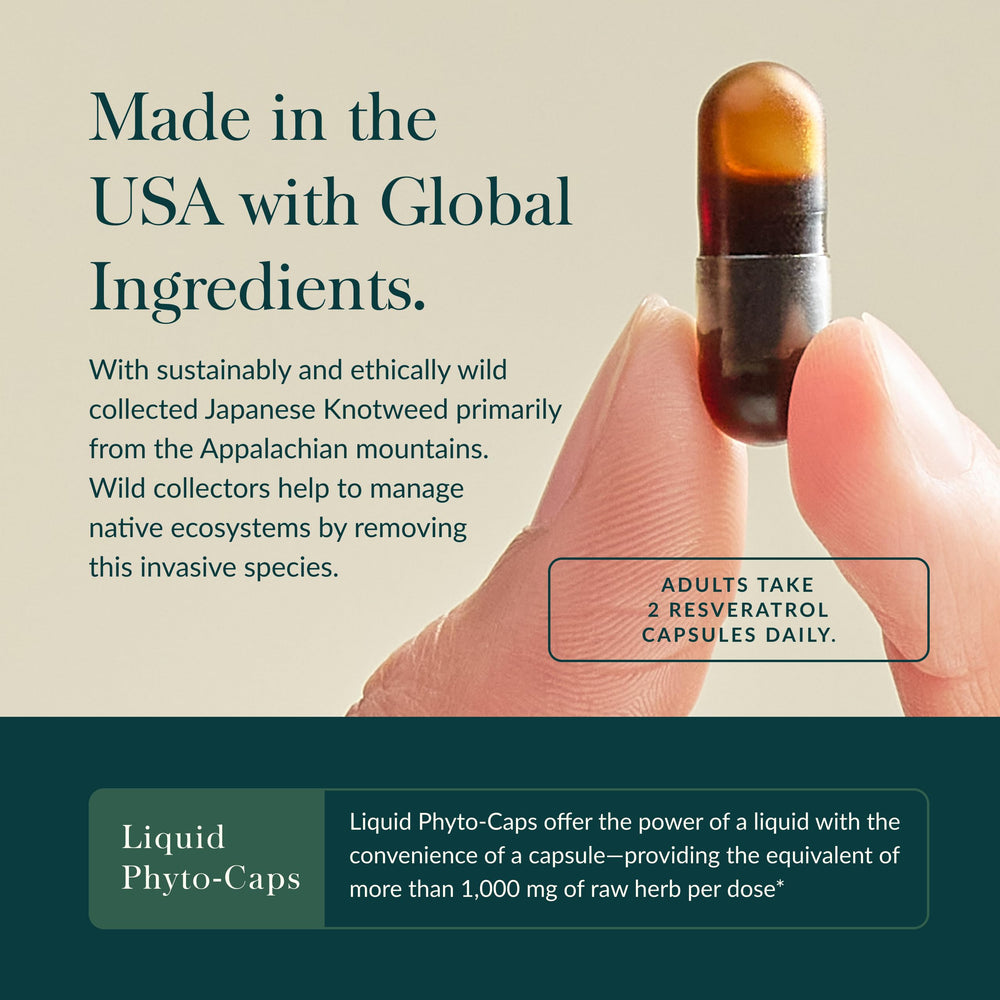 Gaia Herbs Resveratrol capsules close-up with plant-based antioxidant blend.