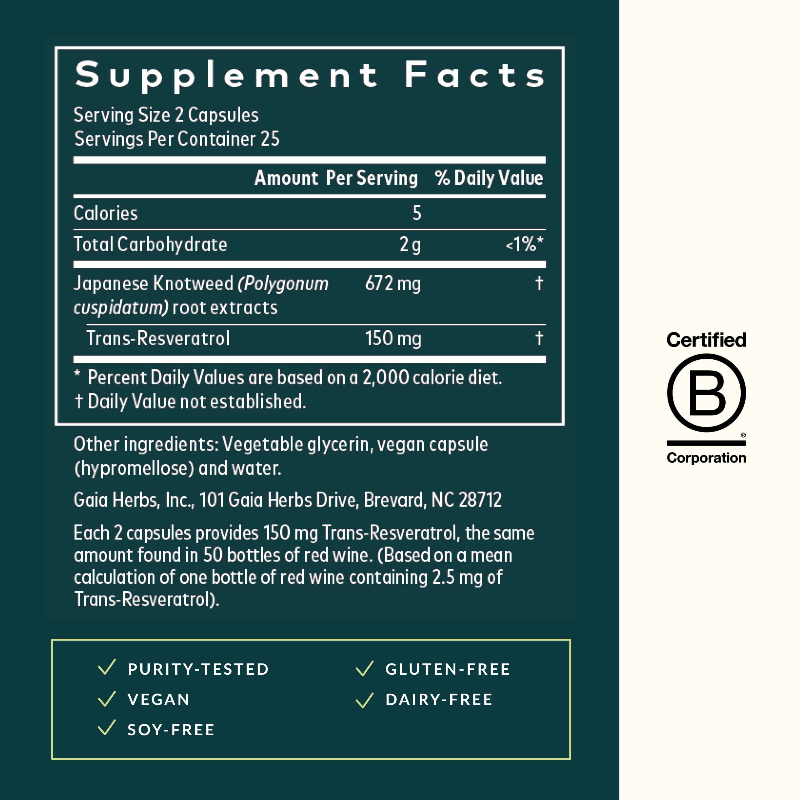 Gaia Herbs Resveratrol liquid phytocapsules pack emphasizing antioxidant support.