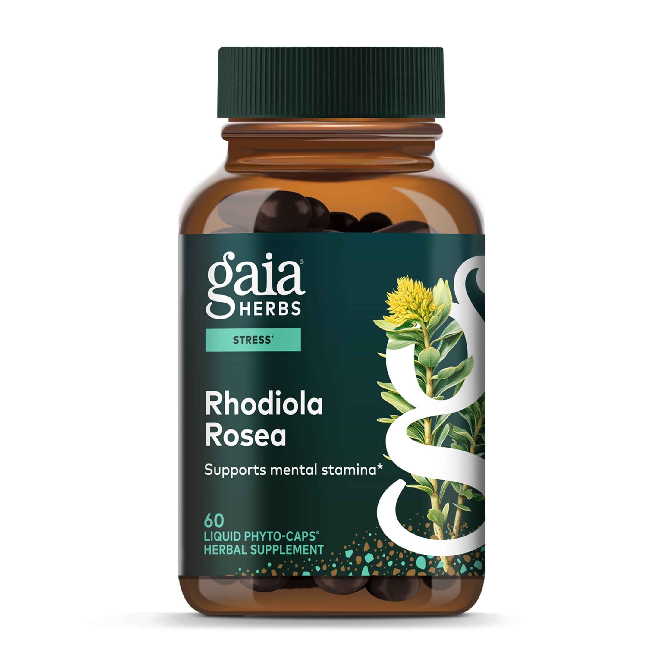 Gaia Herbs Rhodiola Rosea bottle for daily stress support.