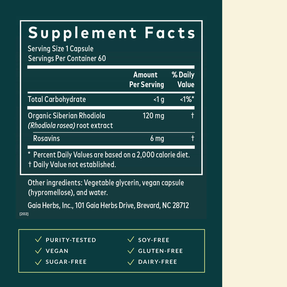 Close-up of Gaia Herbs Rhodiola Rosea capsules for daily use.