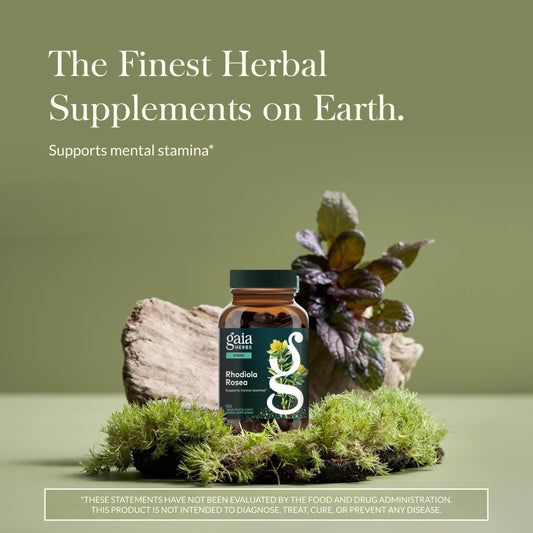 Gaia Herbs Rhodiola Rosea capsules in a row highlight convenient vegan phyto-caps