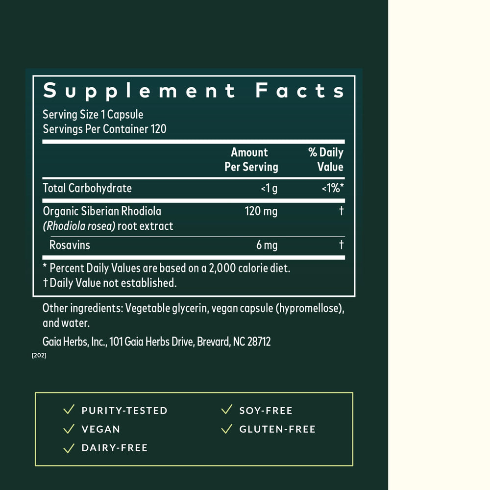Gaia Herbs Rhodiola Rosea label close-up emphasizing Siberian rhodiola root extract