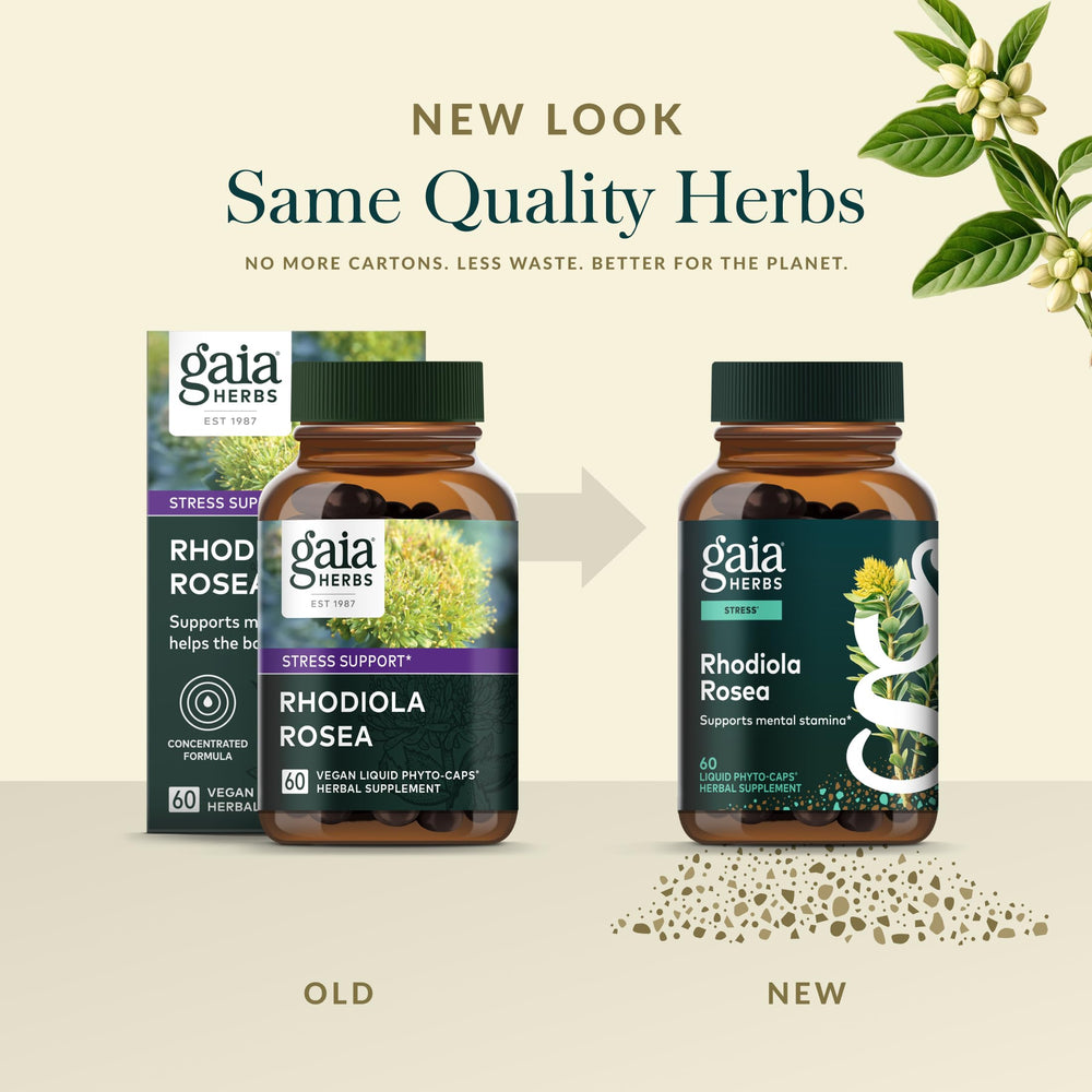 Gaia Herbs Rhodiola Rosea packaging box on shelf.