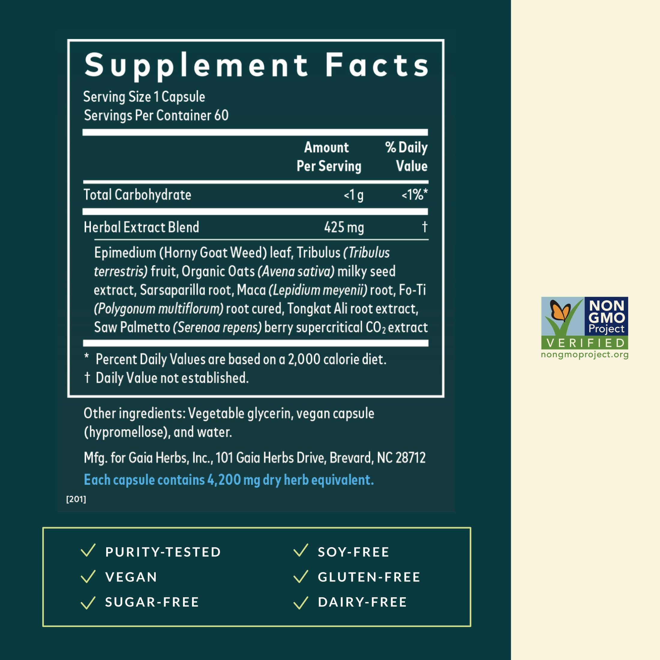 Saw palmetto berries with Gaia Herbs branding highlighting natural vitality.