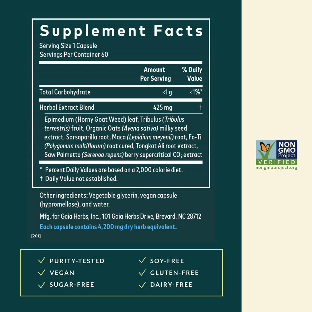 Saw palmetto berries with Gaia Herbs branding highlighting natural vitality.