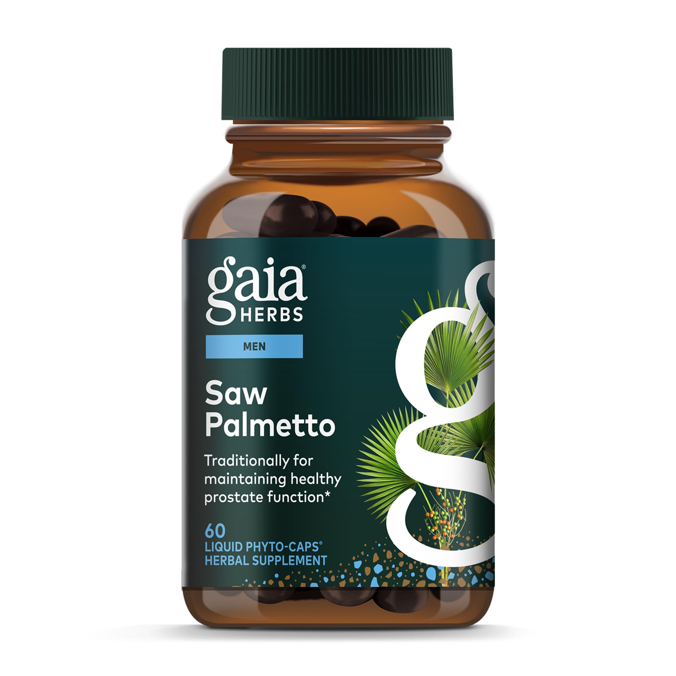 Gaia Herbs Saw Palmetto bottle ready for daily use supporting urinary health and prostate wellness