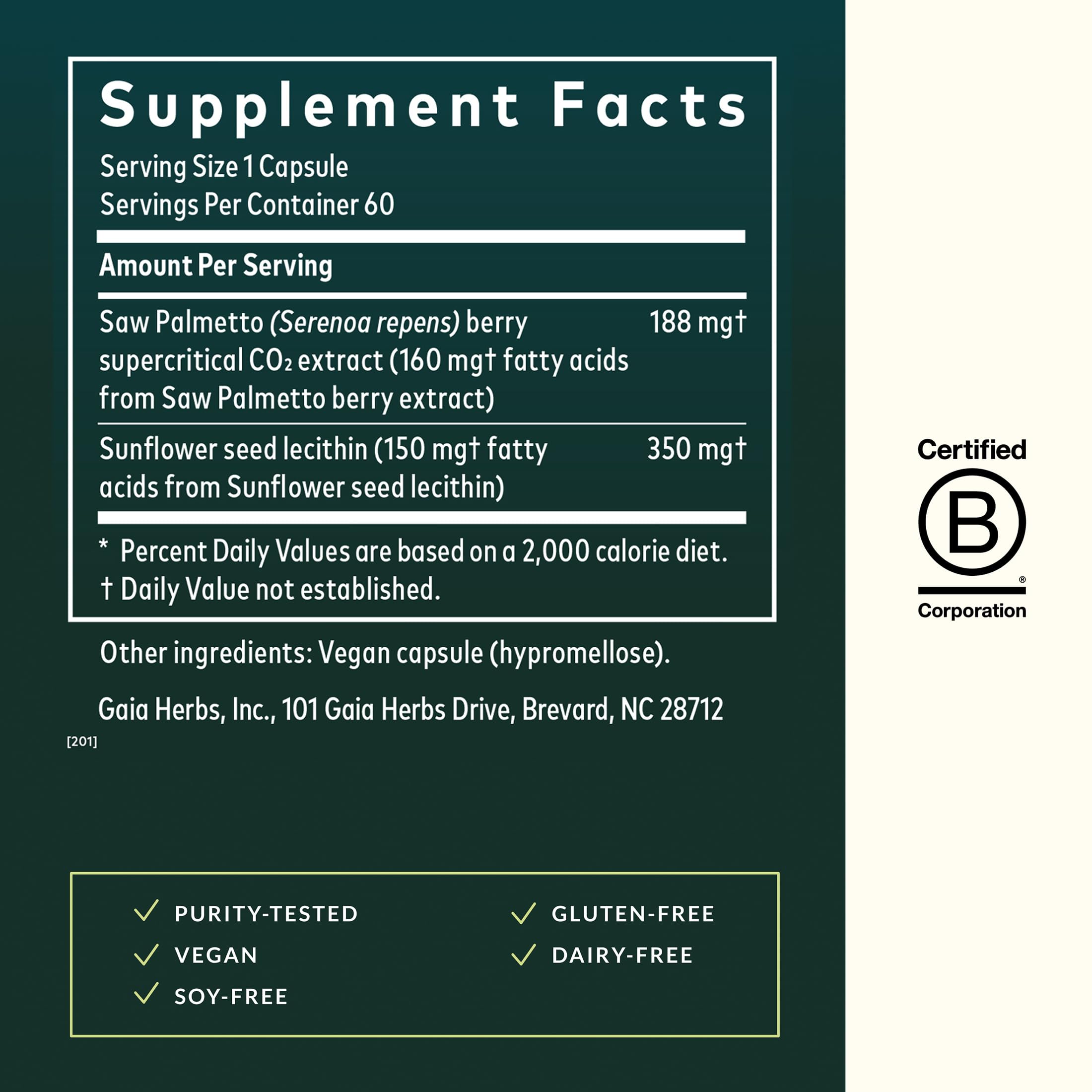 Close-up of Gaia Herbs Saw Palmetto capsules highlighting vegan liquid phyto-caps format