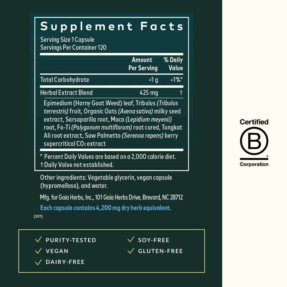 Gaia Herbs Saw Palmetto ingredient highlights traditional vitality herbs.