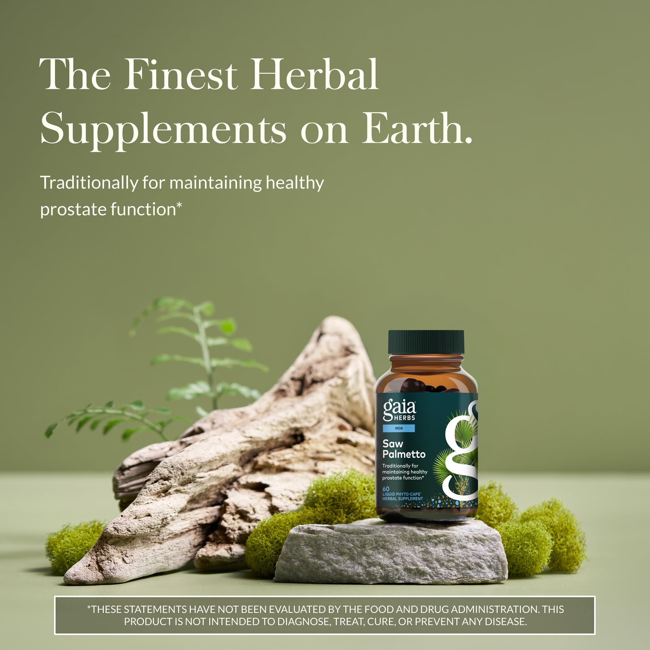 Gaia Herbs Saw Palmetto label showcasing quality ingredients and usage guidance