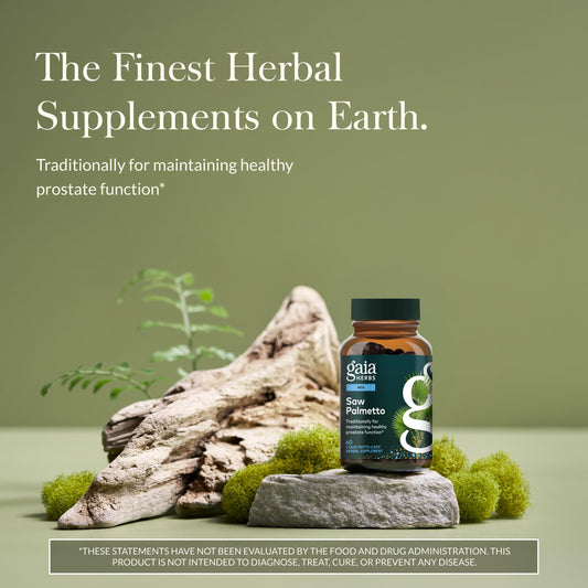 Gaia Herbs Saw Palmetto label showcasing quality ingredients and usage guidance