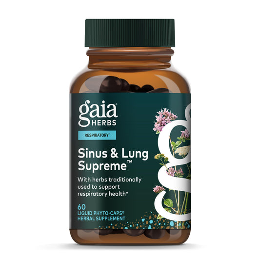 Gaia Herbs Sinus & Lung Supreme bottle supports respiratory wellness at home.