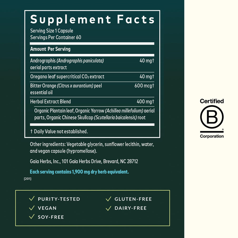 Gaia Herbs Sinus & Lung Supreme ingredient panel shows oregano, plantain, yarrow, skullcap.