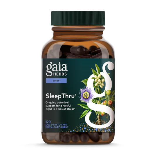 Gaia Herbs SleepThru bottle front showing packaging for restful nights and stress support.