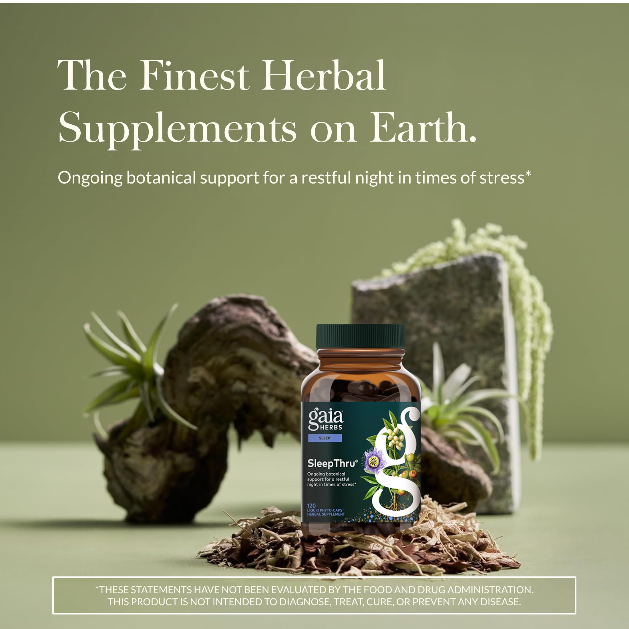 Gaia Herbs SleepThru bottle side highlighting vegan capsules and servings.
