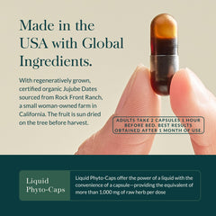 Gaia Herbs SleepThru capsules close-up emphasizing herbal blend and plant-based formula.