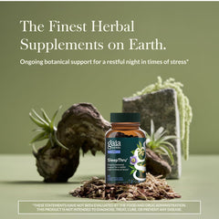 Gaia SleepThru capsules close-up show herbal blend for nightly calm.