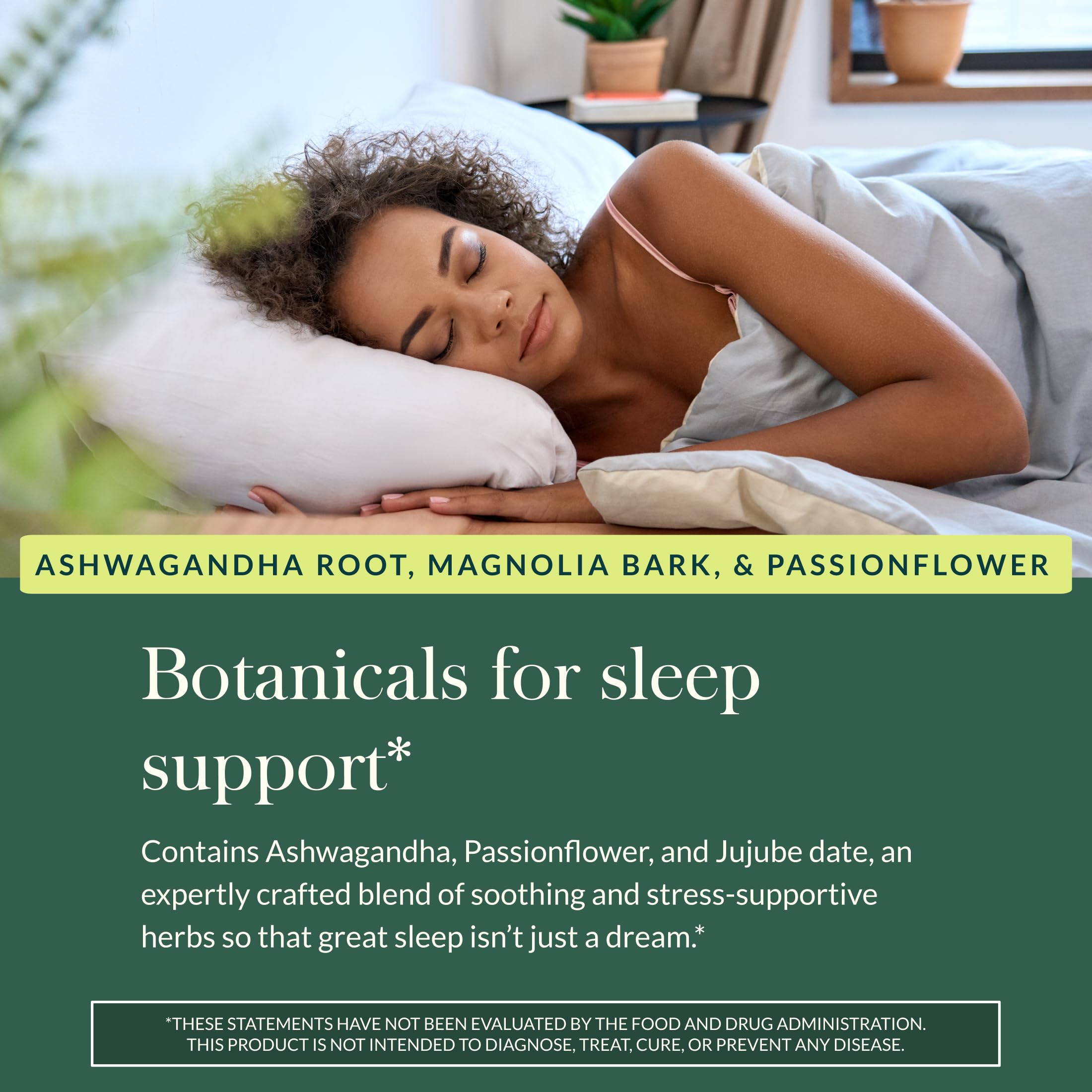 Gaia Herbs SleepThru ingredients include ashwagandha, magnolia, passionflower, and jujube dates.
