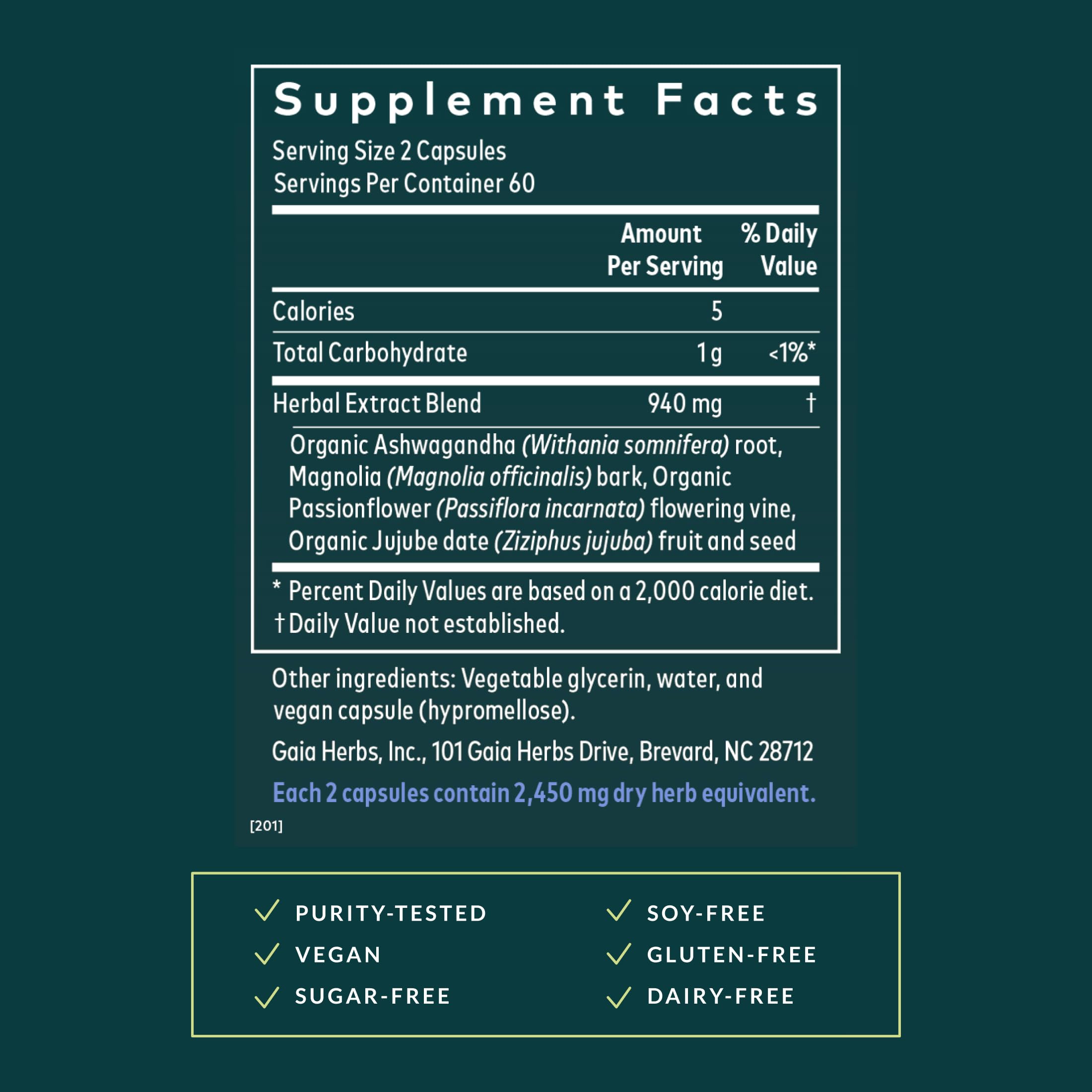 Gaia Herbs SleepThru label close-up with ingredients and natural formulation.
