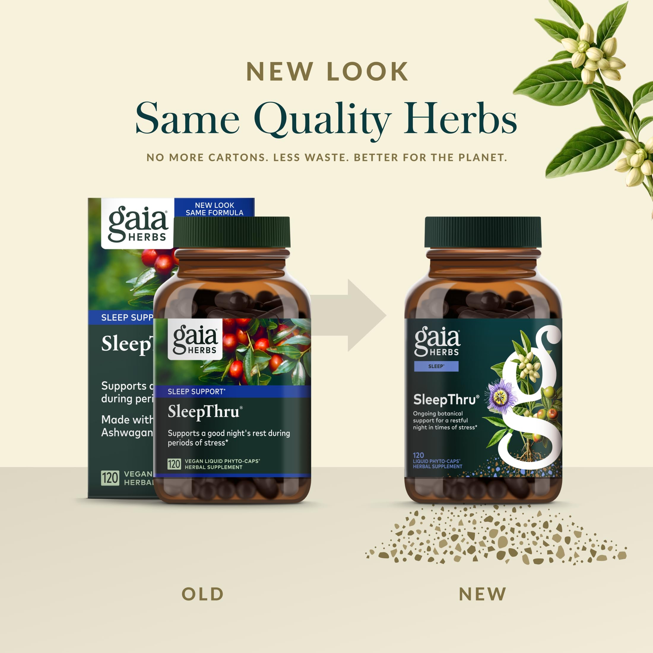 Gaia Herbs SleepThru on nightstand suggesting a calm evening routine.