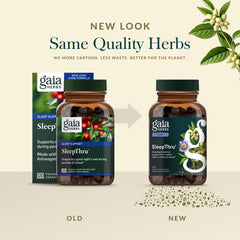 Gaia Herbs SleepThru on nightstand suggesting a calm evening routine.
