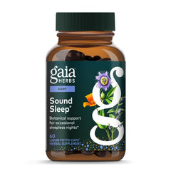 Gaia Herbs Sound Sleep bottle on a nightstand signals calm bedtime routine.