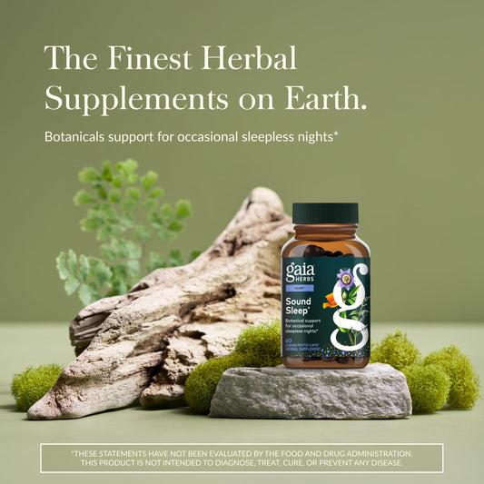 Close-up of Gaia Herbs Sound Sleep liquid capsules for relaxing evenings.