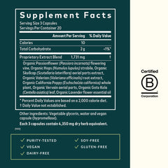 Organic herbal blend ingredients featuring valerian, California poppy, and skullcap.