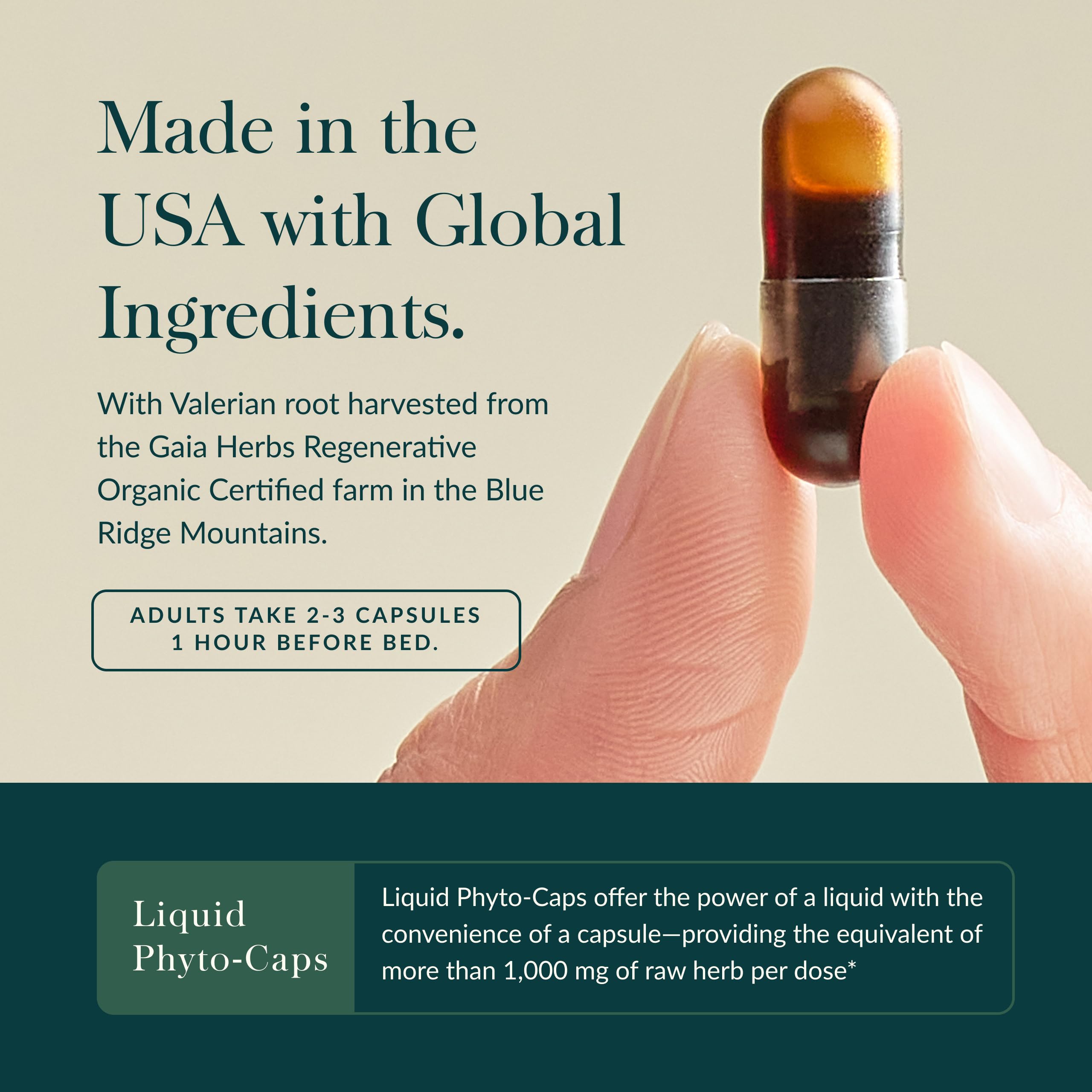 Gaia Herbs Sound Sleep packaging box highlighting vegan liquid phyto-capsules.