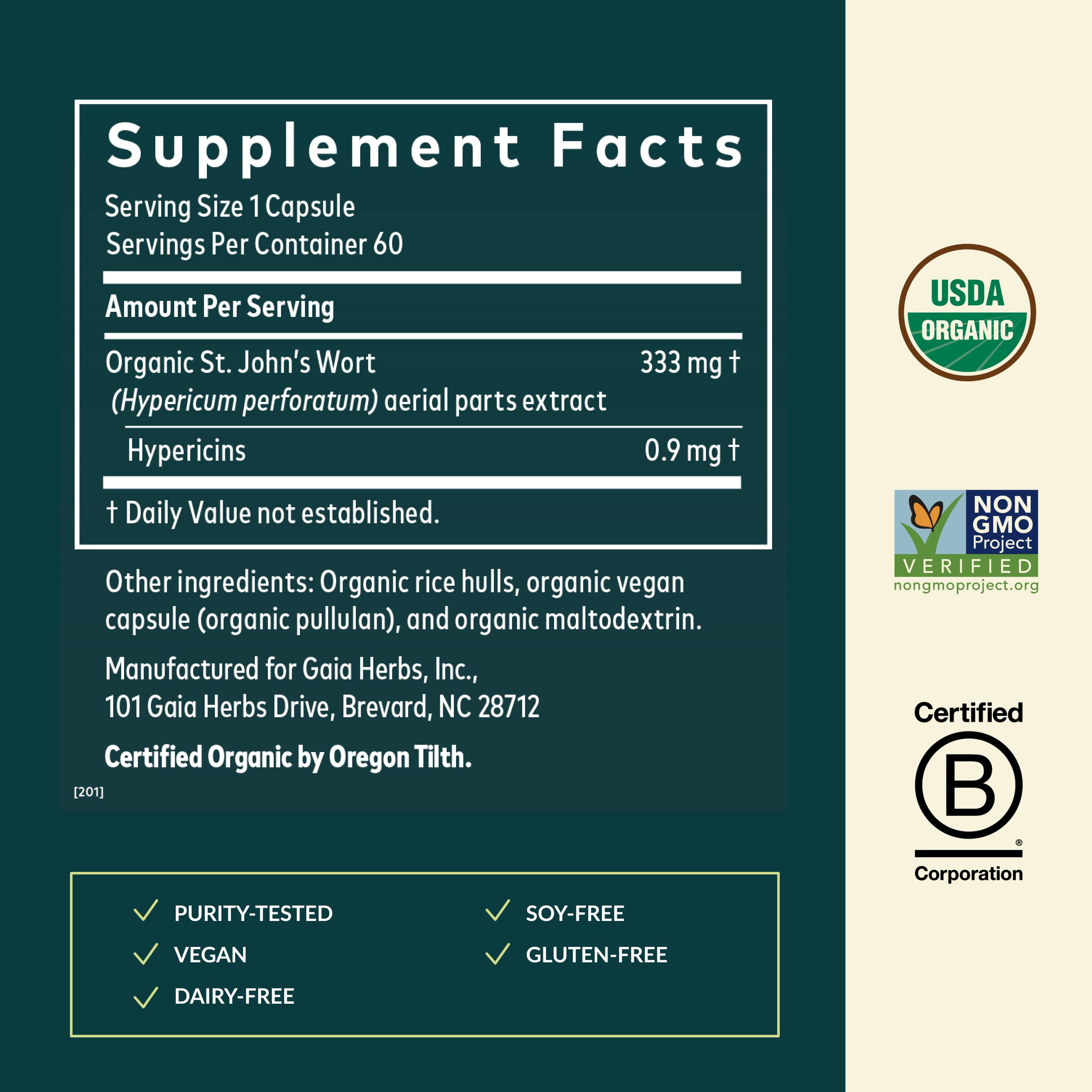 Close-up of the Gaia Herbs label highlighting 0.9 mg hypericins per serving