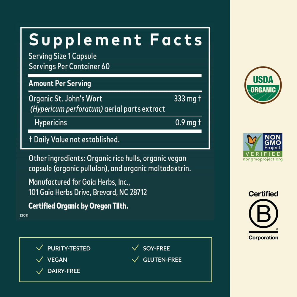 Close-up of the Gaia Herbs label highlighting 0.9 mg hypericins per serving