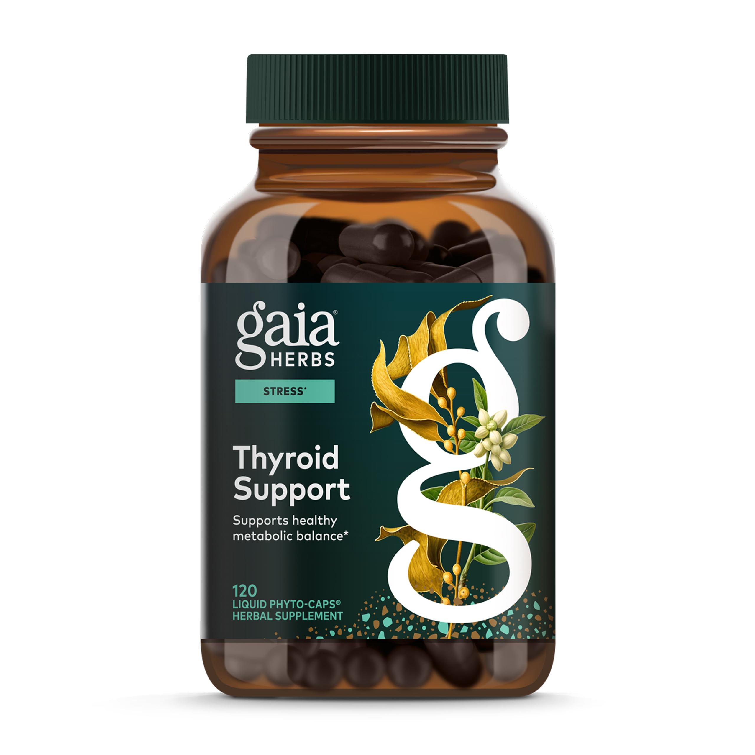 Gaia Herbs Thyroid Support bottle label highlights kelp and ashwagandha for metabolic balance.